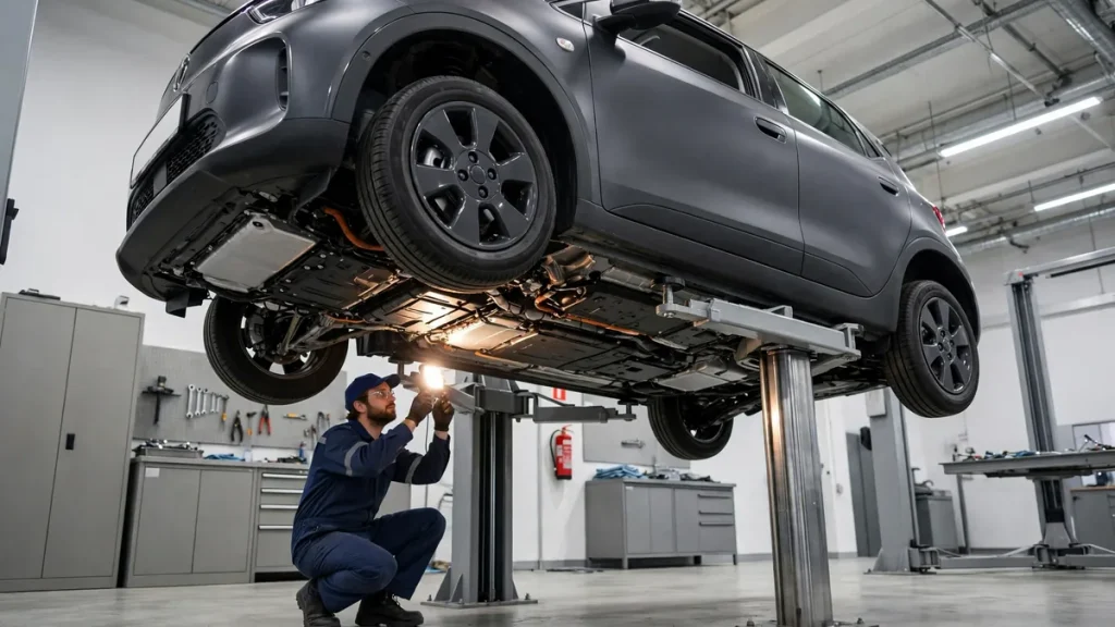 Technician inspecting the battery pack of a Chevy Bolt on a lift at a dealer service center