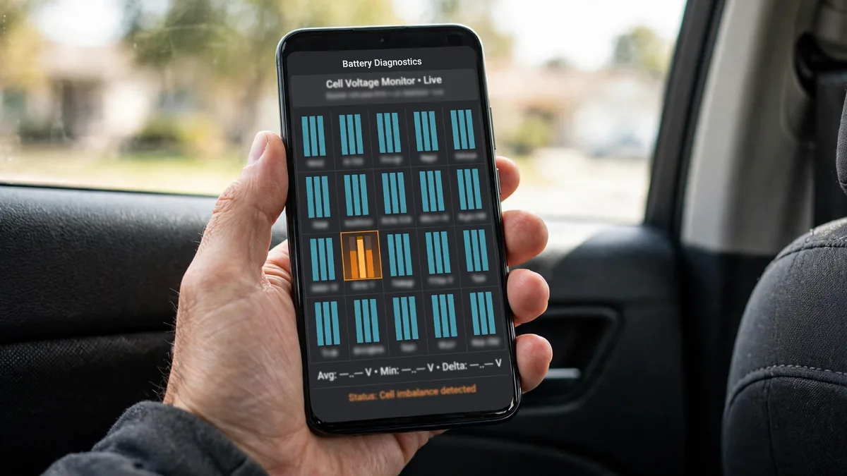 Smartphone showing a grid of EV battery cell voltages with one weak group highlighted