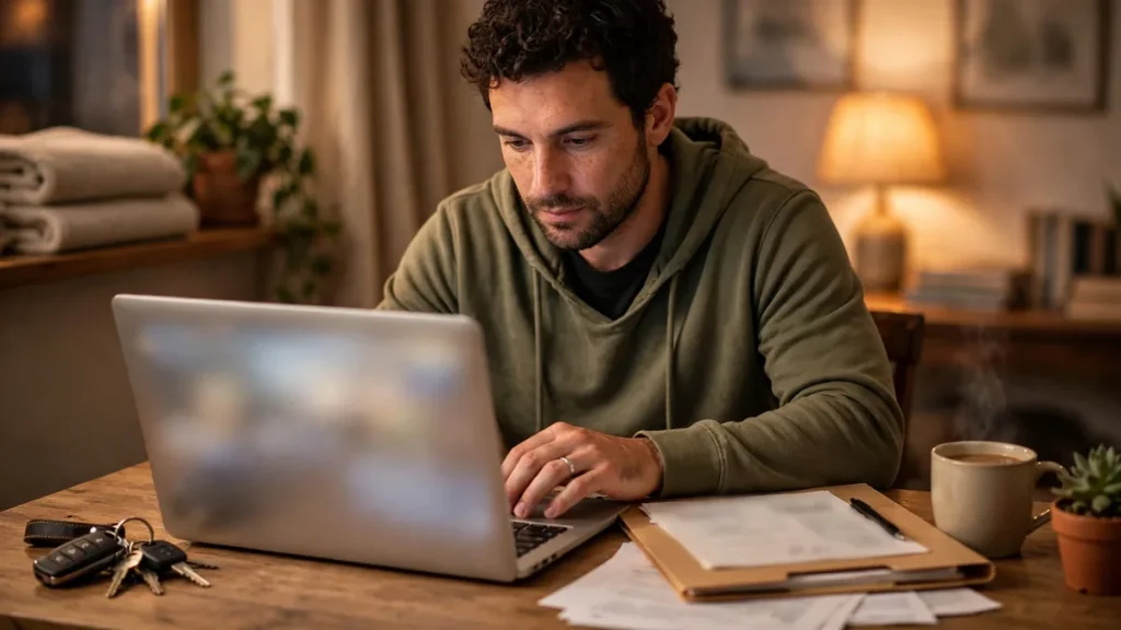 Owner checking a vehicle recall status by VIN on a laptop at home