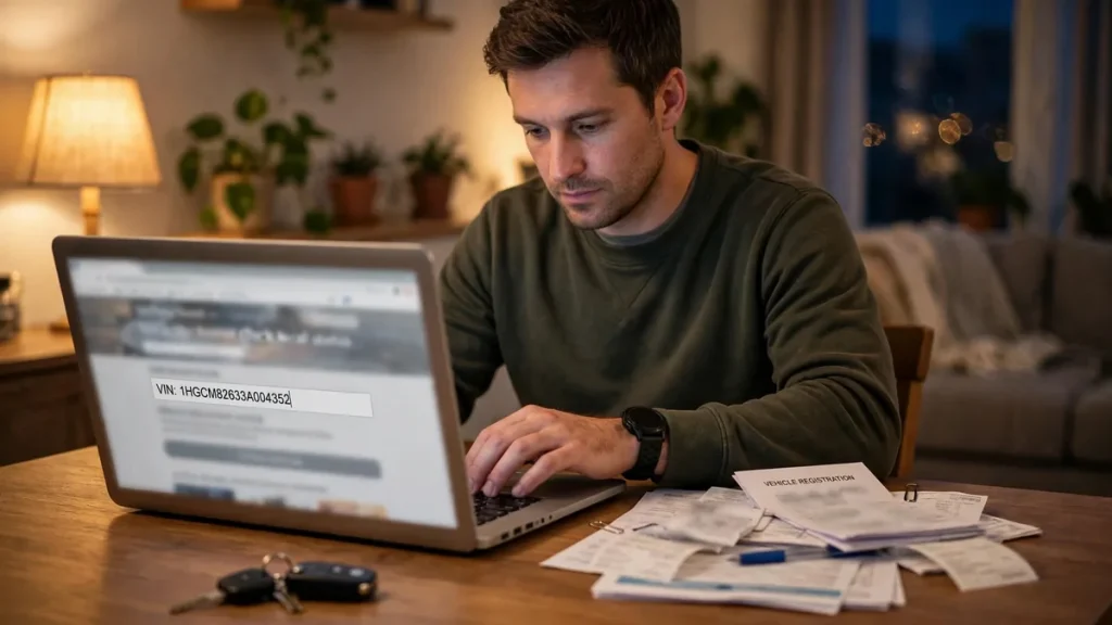 Owner entering a Chevy Bolt VIN on a laptop to check its recall status