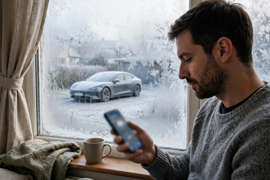 Owner checking the overnight low temperature on a phone weather app with a frosty car outside