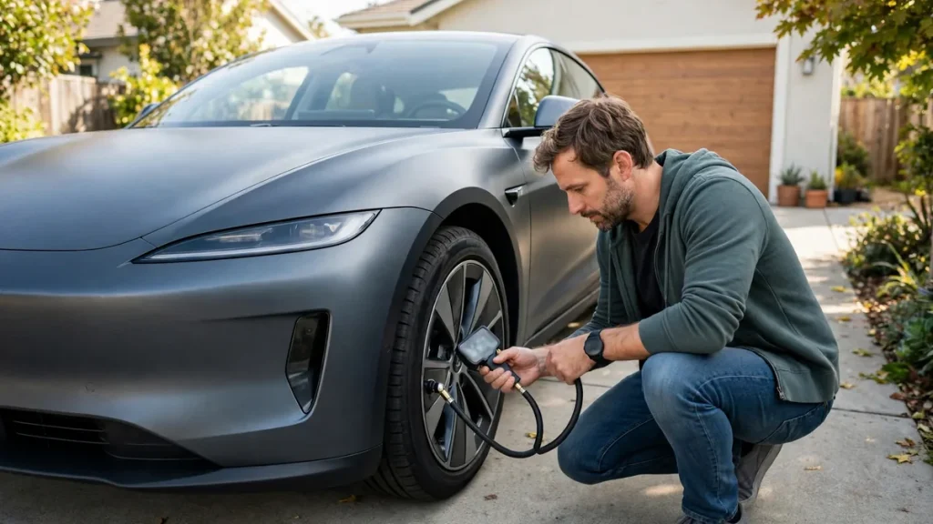 EV owner checking tire pressure with a handheld gauge at the front wheel