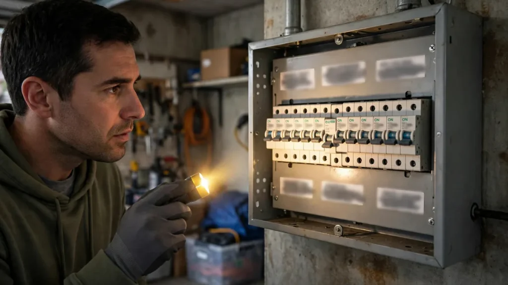 Homeowner checking an electrical panel for a tripped breaker that stopped the EV charger