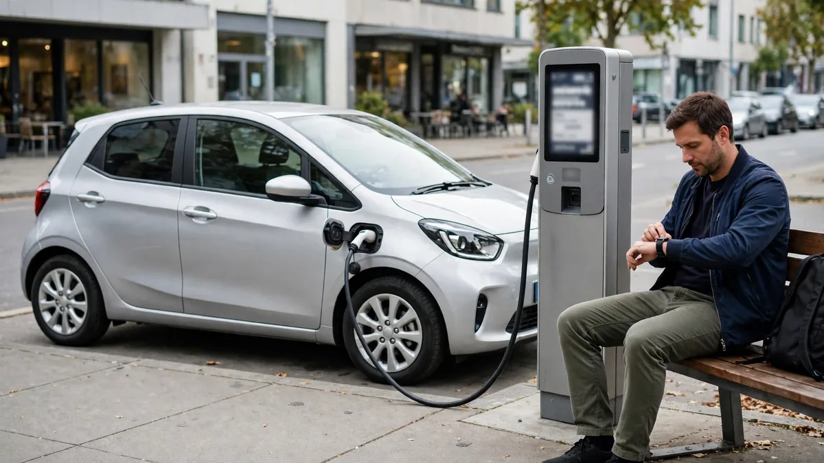 Chevy Bolt plugged into a public CCS fast charger while the owner waits