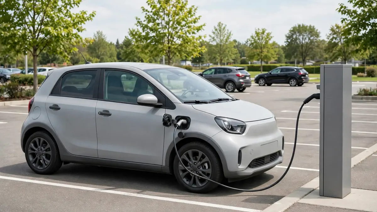Compact electric hatchback plugged into a public charging station
