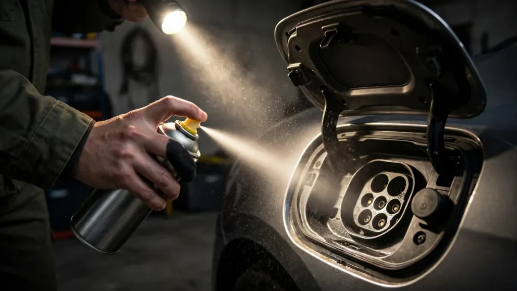 Owner cleaning a Tesla charge port with compressed air and a flashlight