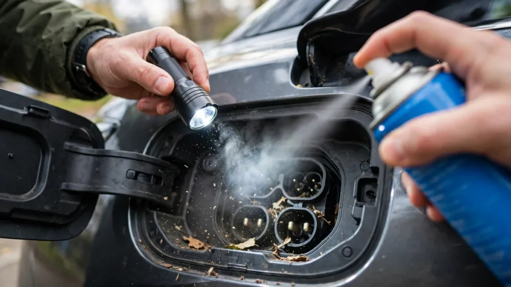 Inspecting an EV CCS charge port with a flashlight and clearing the DC pins with compressed air