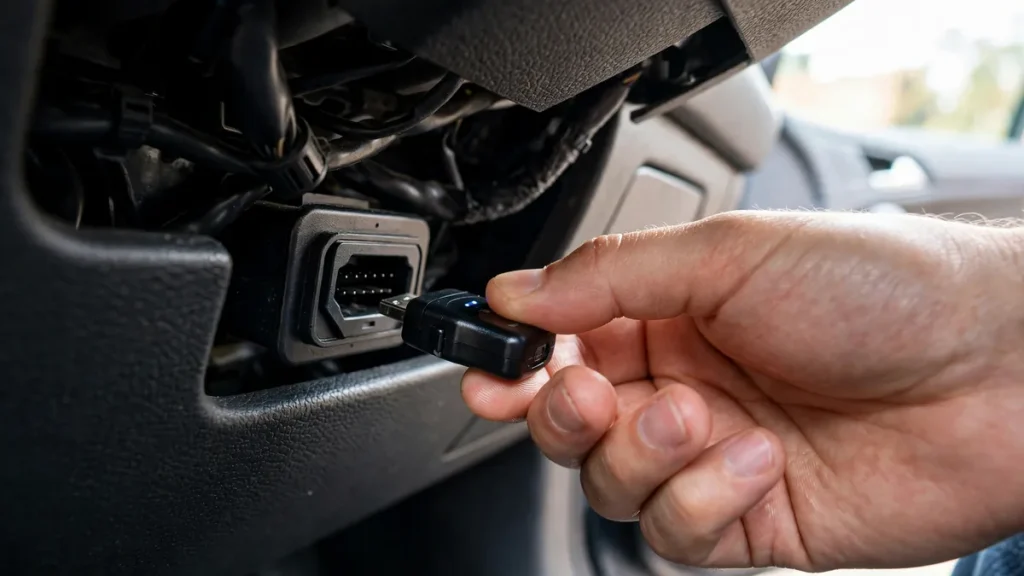 Hand plugging a Bluetooth OBD2 adapter into the port under an EV dashboard