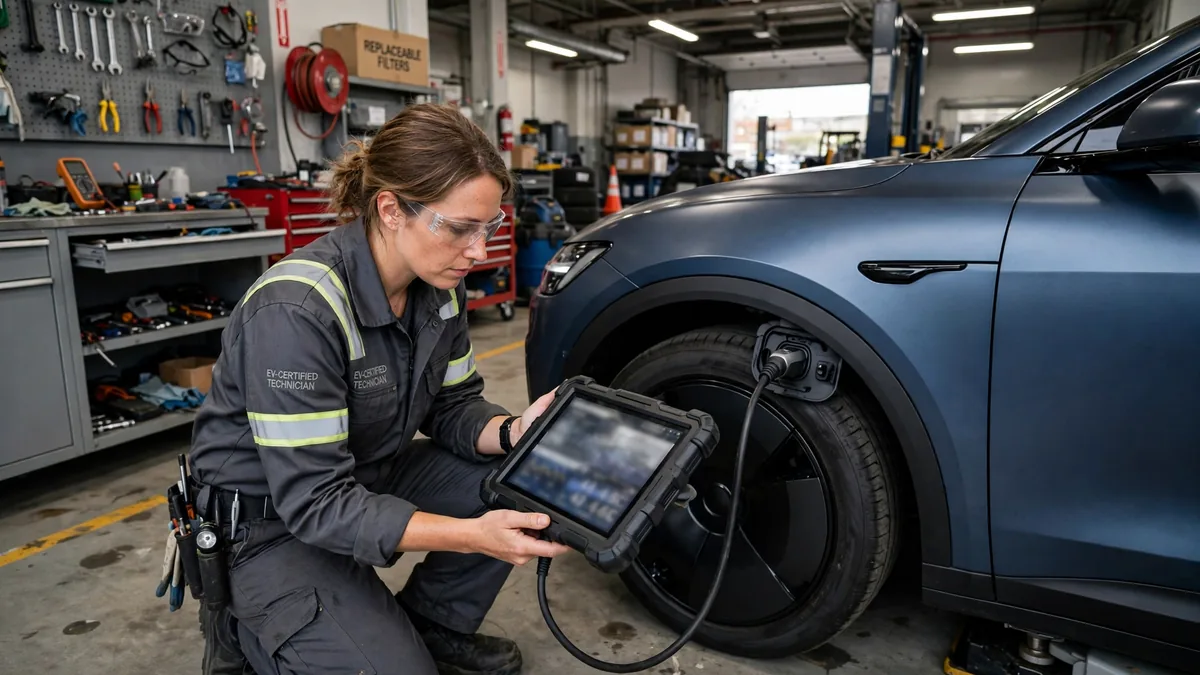 EV-certified technician running a battery diagnostic with a tablet in a service bay