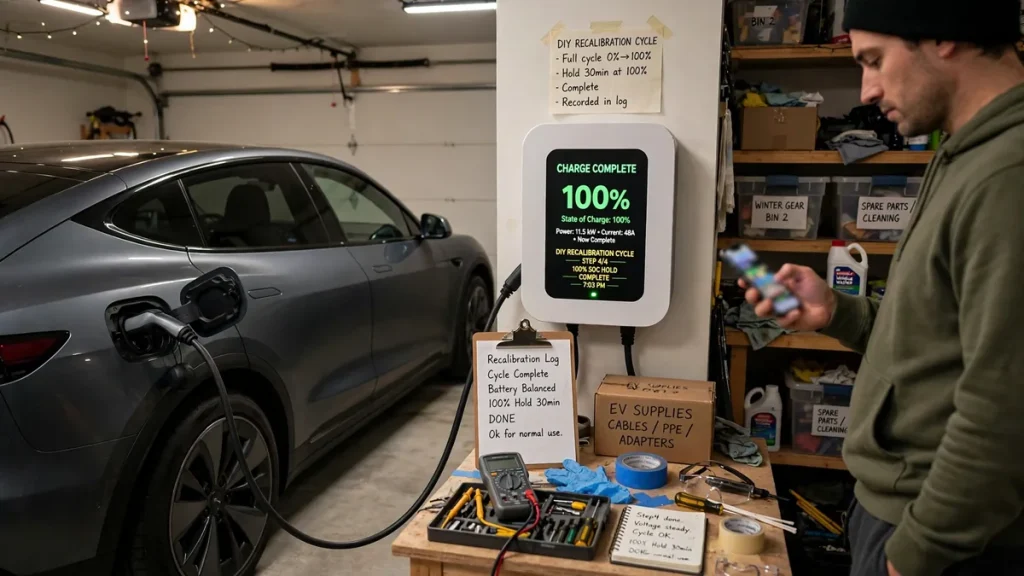 Electric car completing a full charge at home during a DIY recalibration cycle