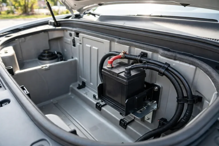 Small 12V auxiliary battery mounted in the front trunk of an electric car