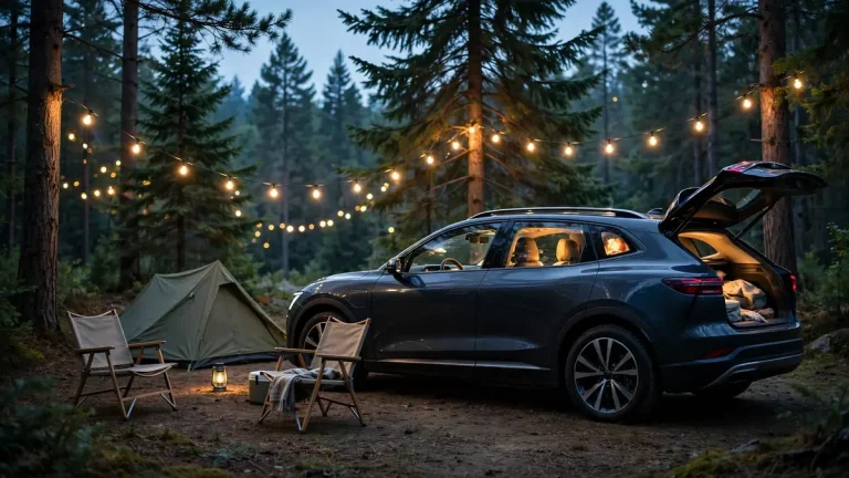 Electric car set up for camping at dusk with warm light in the windows beside a tent