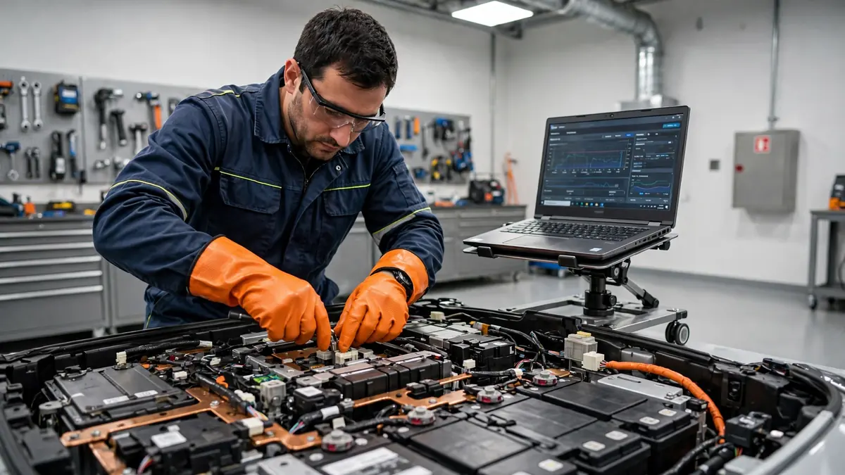 Certified EV technician in insulated high-voltage gloves working on an electric car battery system in a workshop