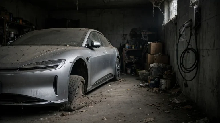 Dusty electric car left parked unplugged in a garage for months until its battery deep discharged