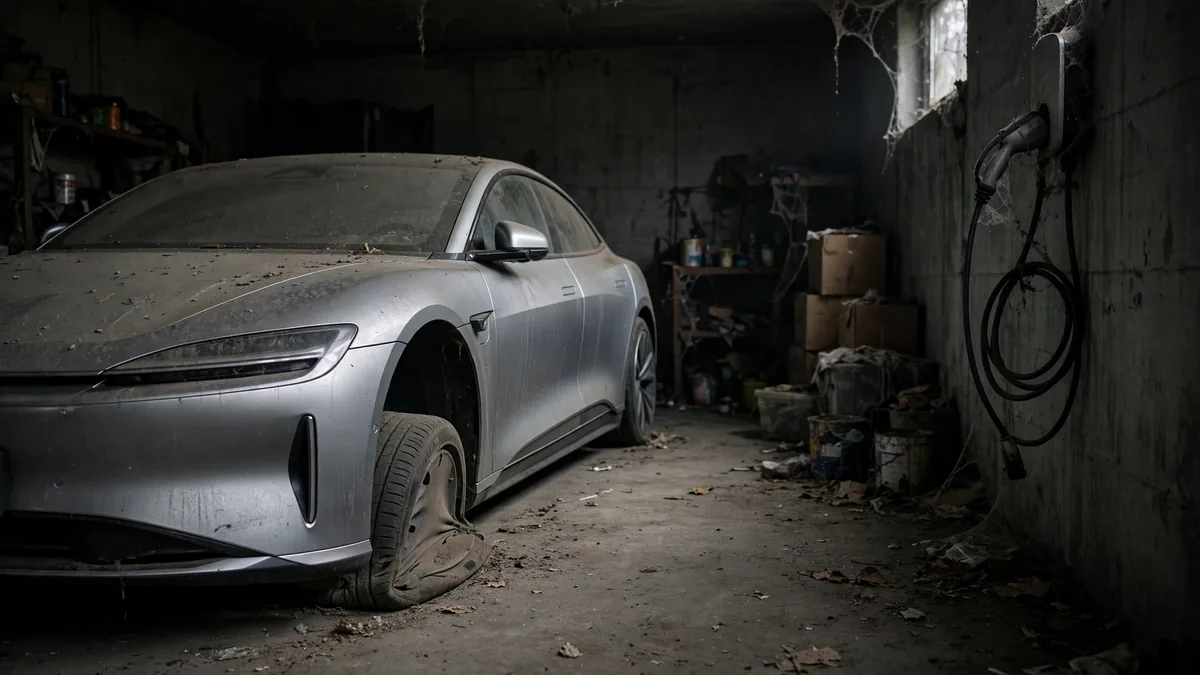 Dusty electric car left parked unplugged in a garage for months until its battery deep discharged