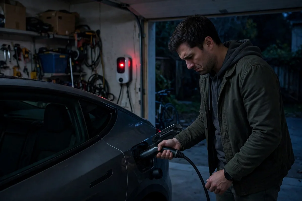 Frustrated EV owner plugging in at night while the home charger shows a red error light
