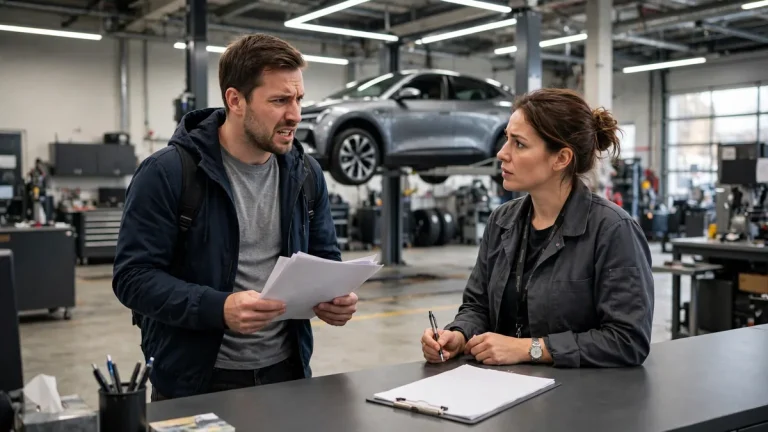 EV owner discussing an unresolved battery problem with a service advisor at a dealership service desk