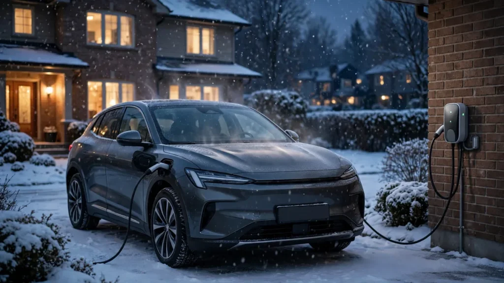 Electric car plugged into a home charger on a snowy evening, preconditioning its battery before a winter drive