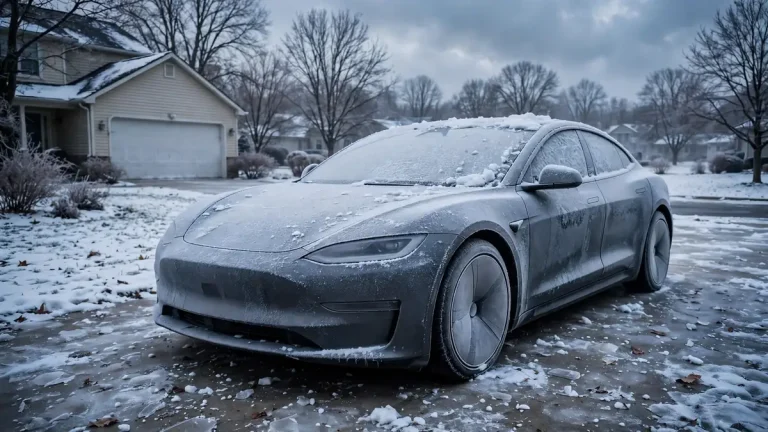 Electric car covered in frost and snow on a winter morning, when cold weather cuts EV range