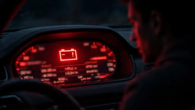 Red battery warning light glowing on an electric car dashboard at night