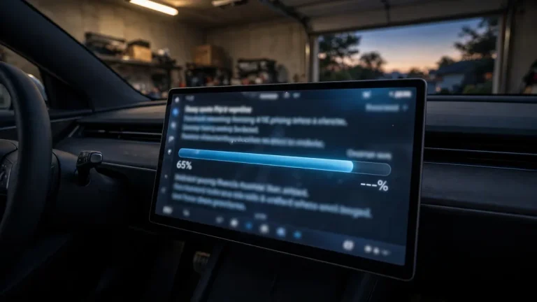 Central touchscreen in an electric car showing a software update installing