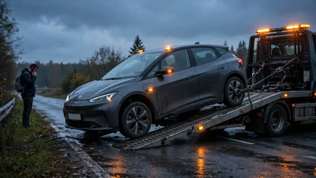 Electric car being loaded onto a flatbed tow truck at dusk after a breakdown