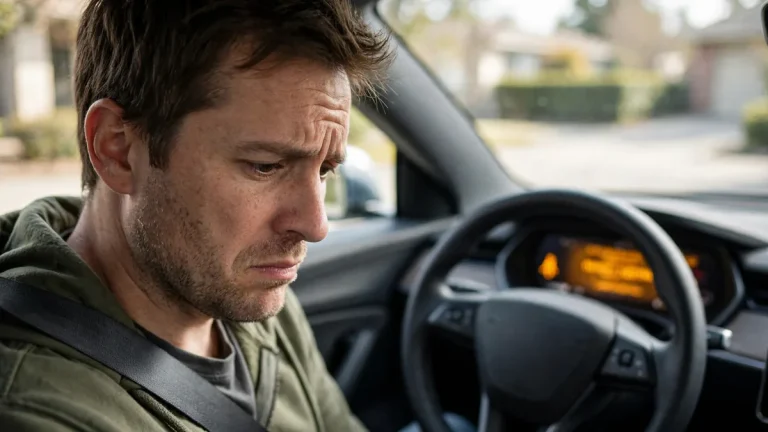 EV owner looking at an amber warning light on the dashboard of an electric car that is not working properly