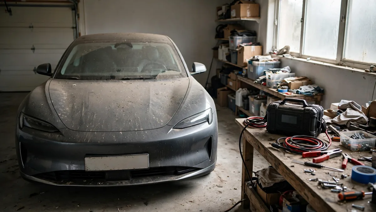 Dusty electric car parked in a garage for two weeks with a jump starter nearby, after its 12V battery drained