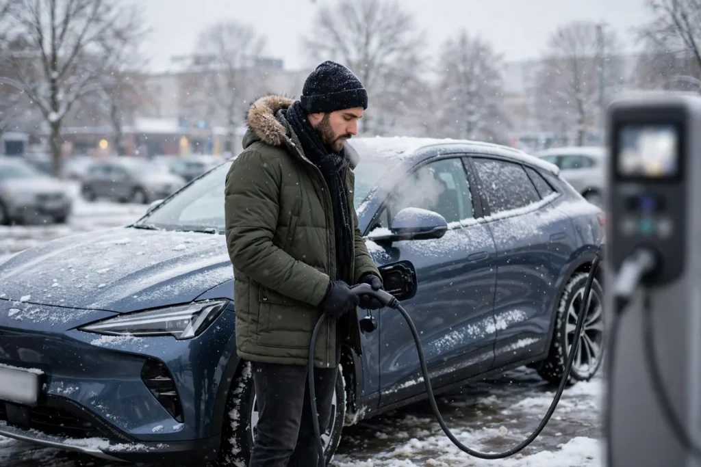 Kia EV6 charging at a public station in snowy cold weather with the driver holding the cable