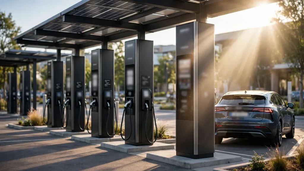 Row of DC fast charging stalls at a charging plaza with an electric car pulling in