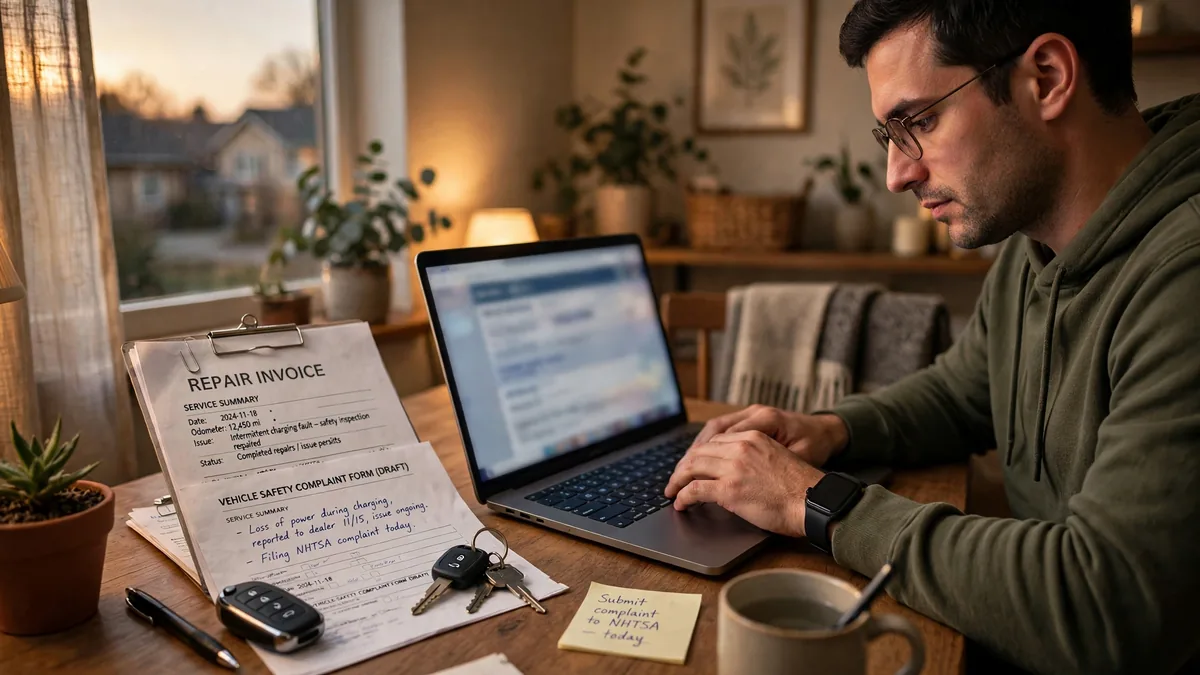 EV owner filing a vehicle safety complaint on a laptop with repair documents beside them