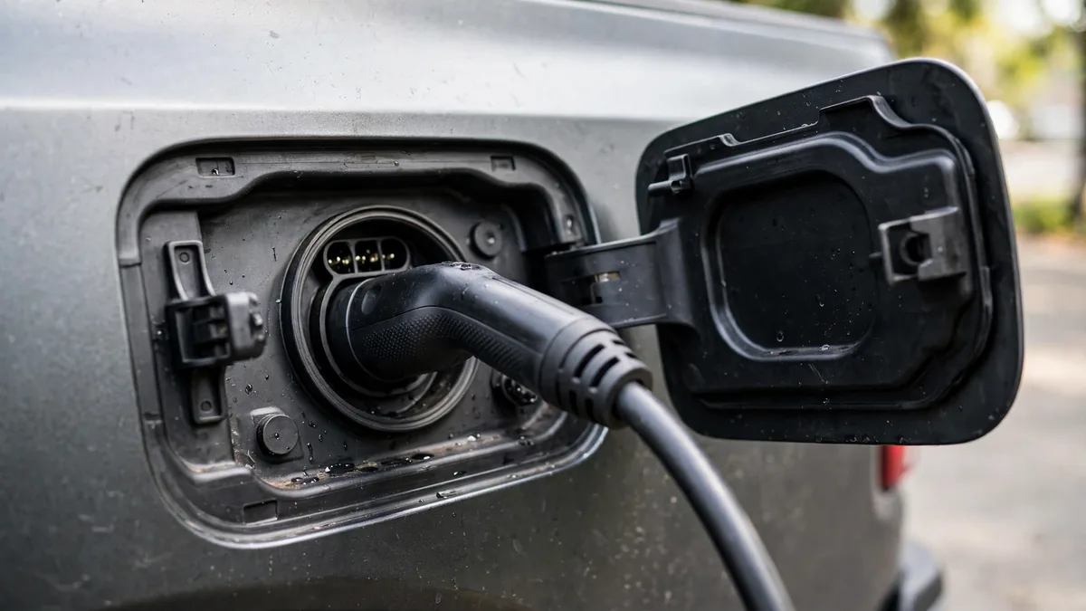 Open charge port of an electric pickup truck with the charging cable plugged in
