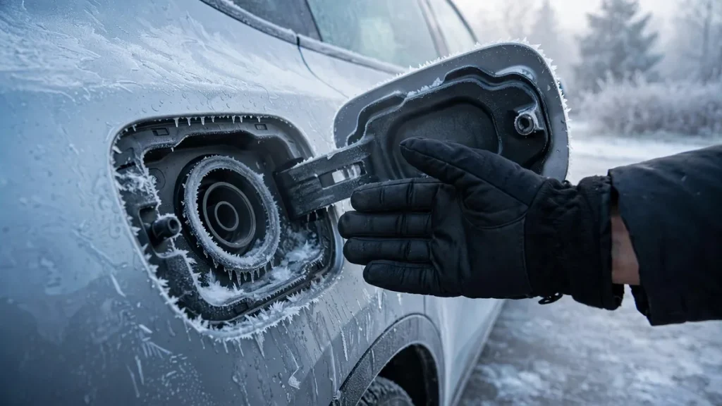 Frost and ice around a Tesla charge port door in freezing weather