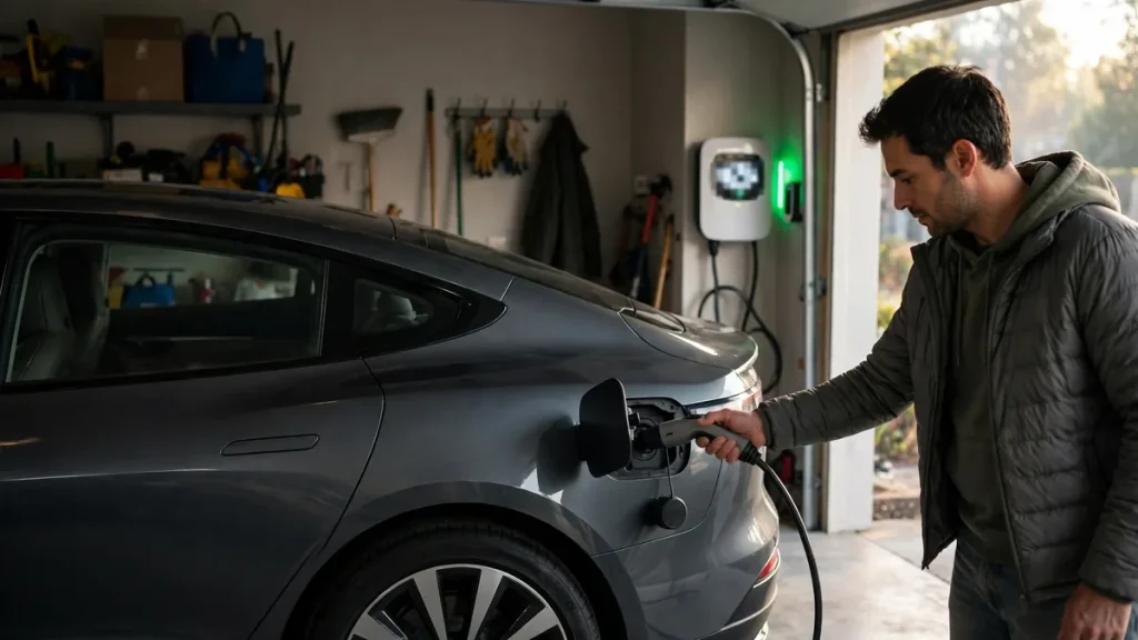 Electric car finishing a full charge on a home wall charger in a garage