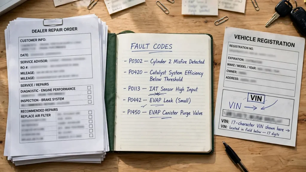 Dealer repair orders, fault code notes and vehicle documents organized on a desk before filing a complaint