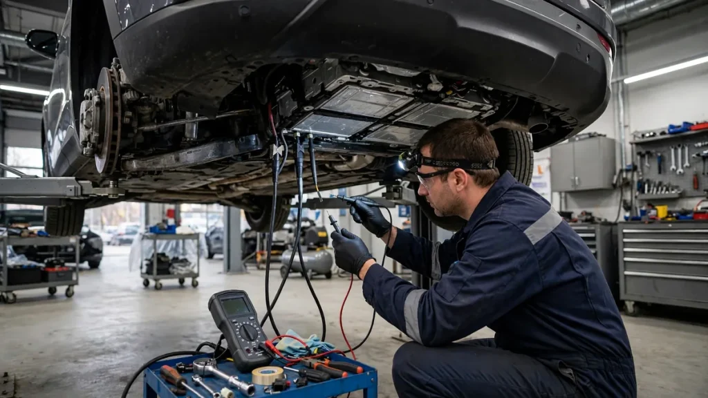 Technician diagnosing a physical battery hardware fault on an EV in a service center