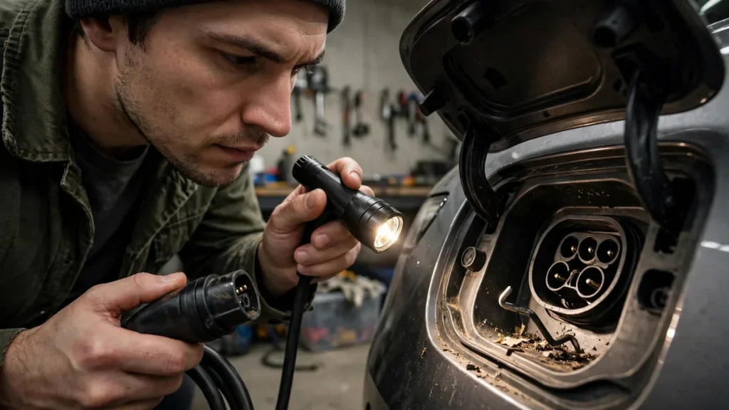 Owner inspecting an EV charge port with a flashlight for debris and bent pins