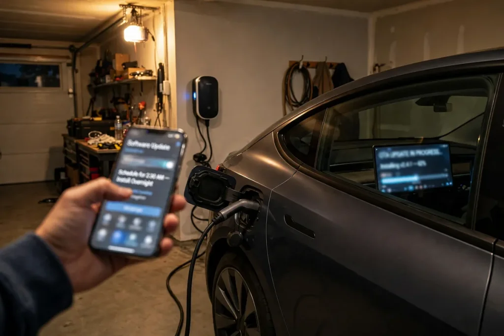Electric car plugged in at home installing an over-the-air software update overnight