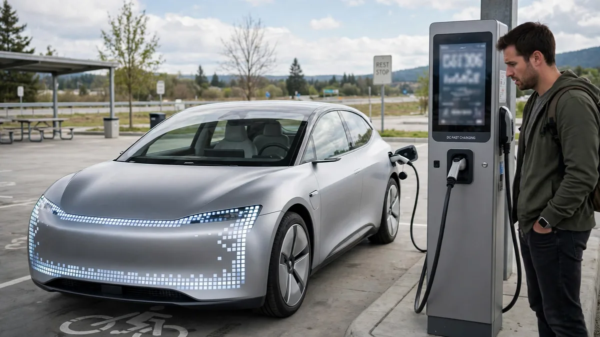 Hyundai Ioniq 5 at a DC fast charging station while the driver checks the charging speed
