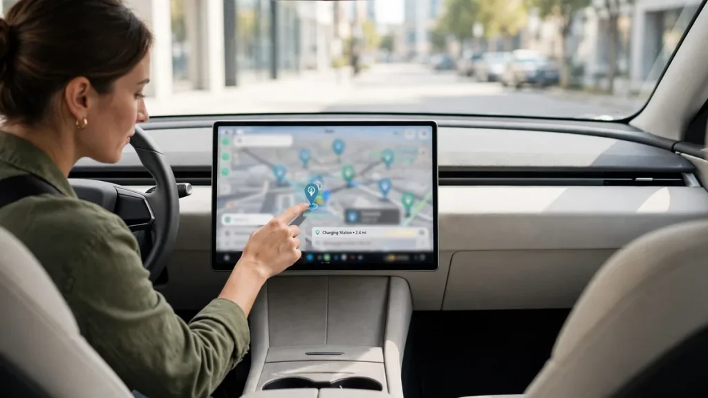 Driver selecting a charging station in the car's built-in navigation so battery preconditioning can start