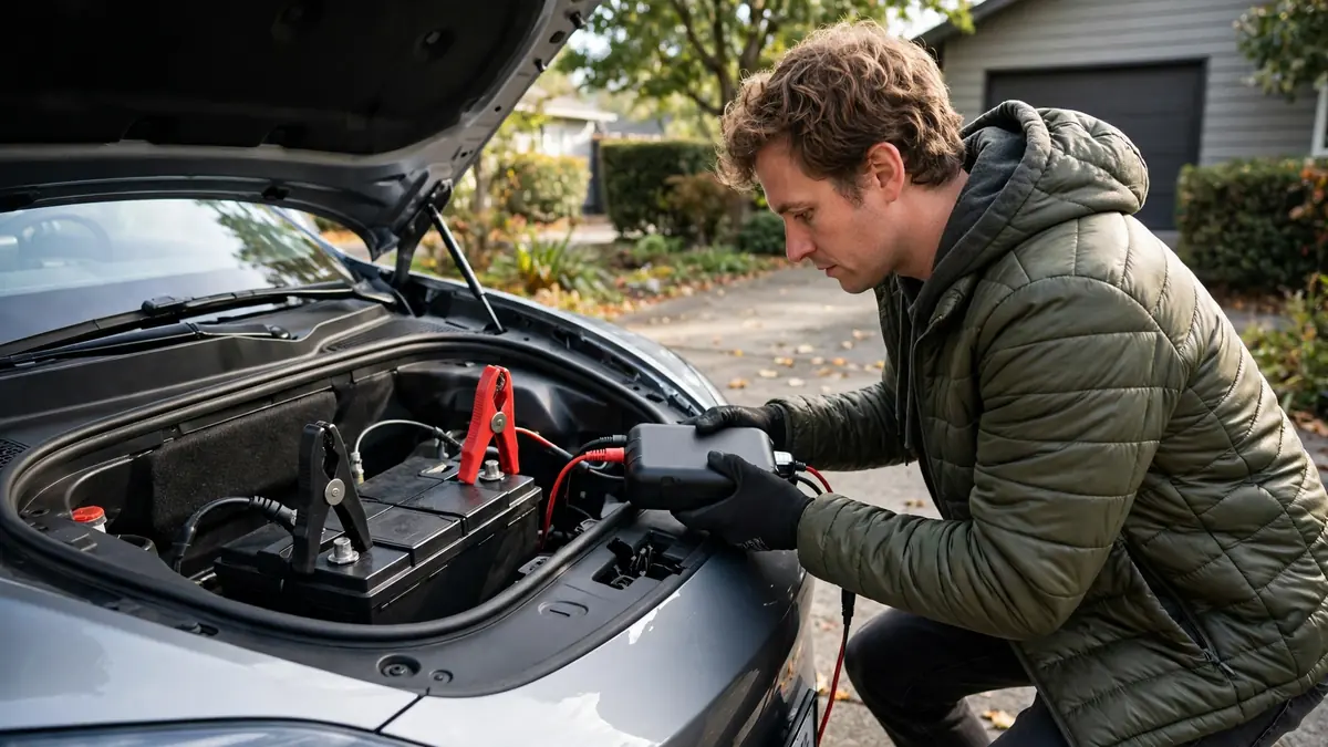 Owner jump-starting an EV 12V battery in the front trunk with a portable jump starter