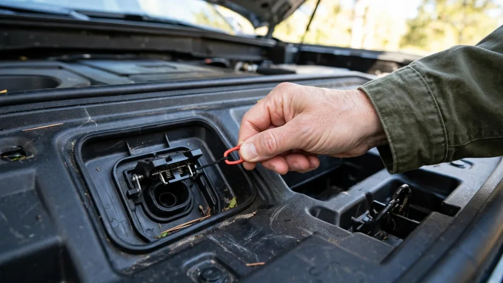 Hand pulling the manual charge port release tab inside the front trunk of an electric truck