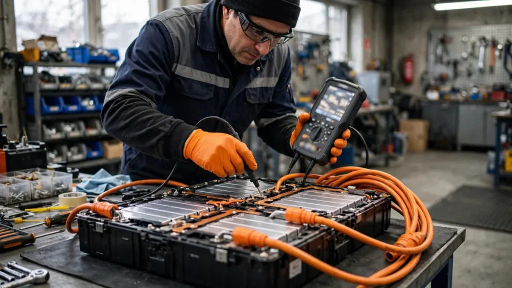 Technician measuring EV battery cell voltages with diagnostic equipment to assess deep discharge damage