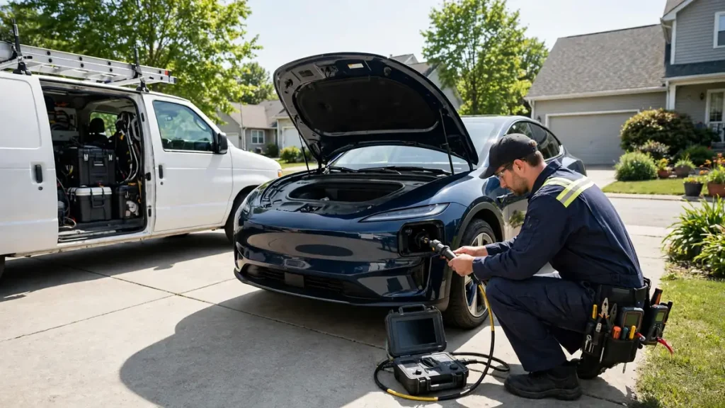 Mobile EV service technician repairing an electric car in a home driveway with a service van