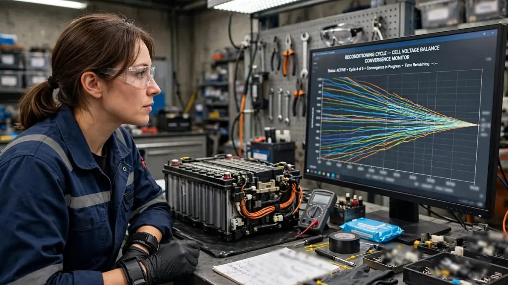 Technician watching cell voltage lines converge on a monitor during professional battery reconditioning