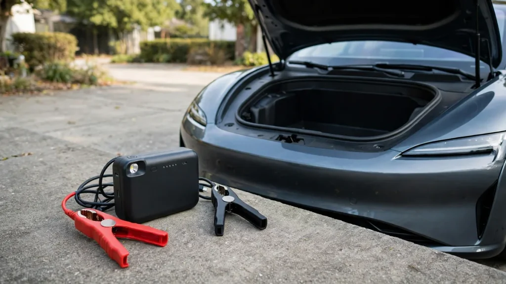 Compact portable lithium jump starter pack with clamps beside an electric car's front trunk
