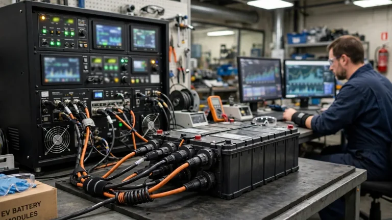 Professional reconditioning equipment cycling an EV battery pack in a specialist workshop