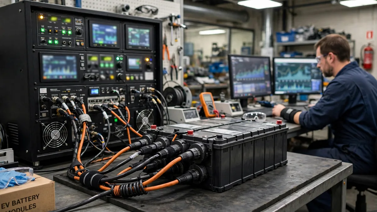 Professional reconditioning equipment cycling an EV battery pack in a specialist workshop