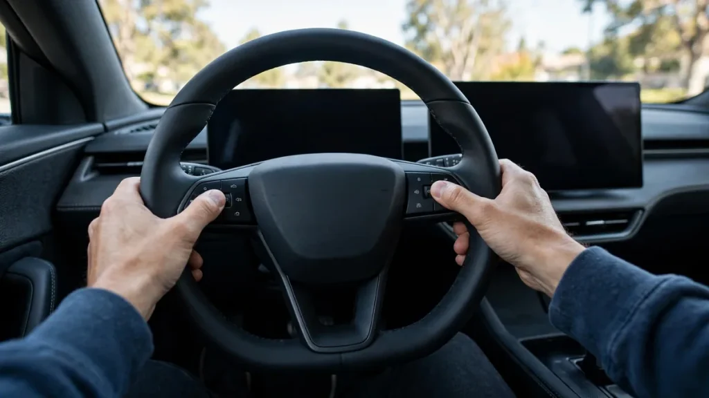 Driver holding the steering wheel buttons on both sides to reboot an electric vehicle