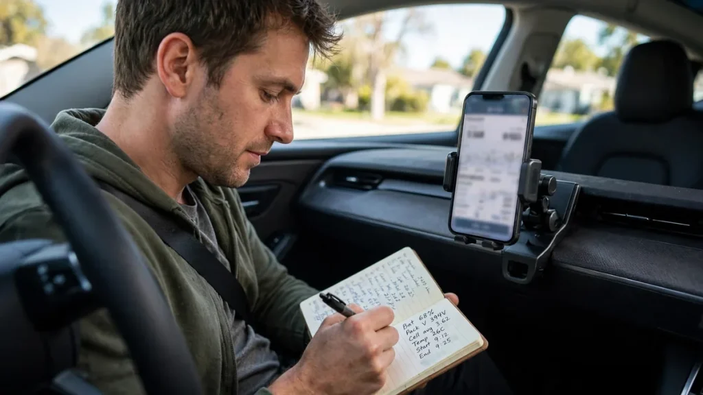 EV owner noting down minimum and maximum cell group voltages from a diagnostic app